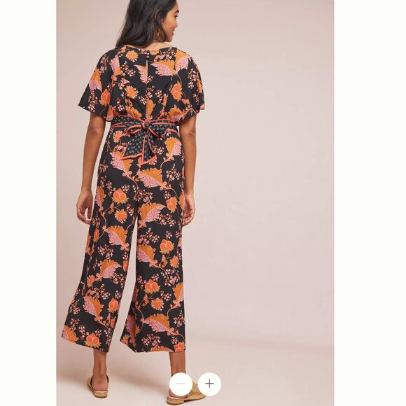 MAEVE Anthropologie Botanical Floral Black Belted Flutter Sleeve Jumpsuit Size L - Picture 2 of 12